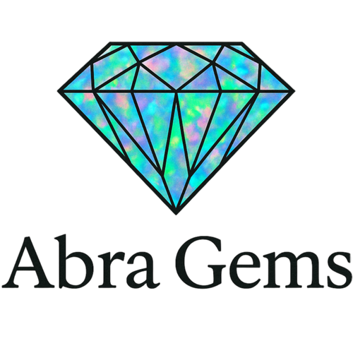 logo thats a classic diamond shape with opal coloring and a company name "Abra Gems" with a transparent background.